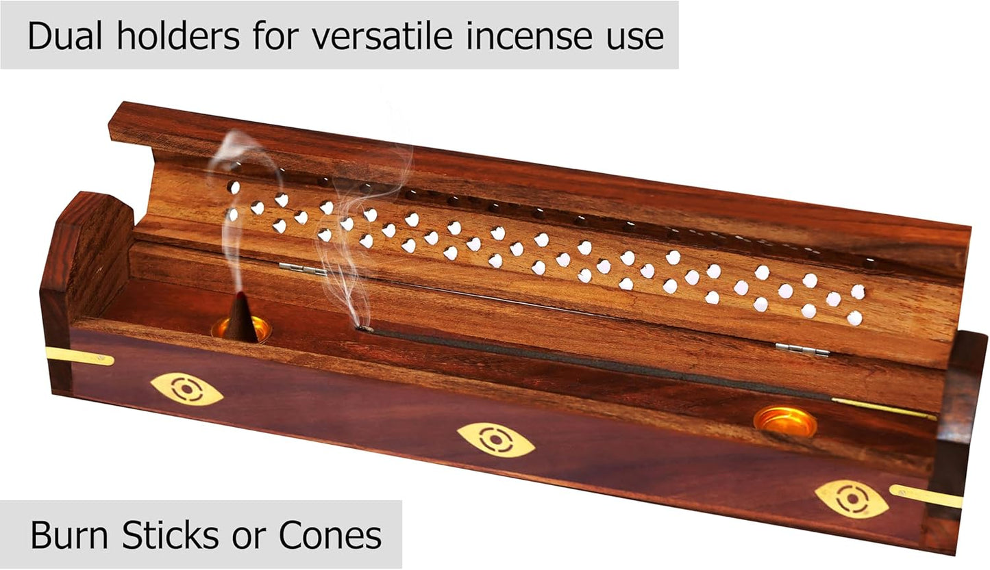 Sheesham Wood Incense Burner - Handmade Coffin Style Sun and Moon Inlay Incense Holder - Aromatherapy Room Freshener Cone Incense Stick Burner Ash Catcher - Zen Home Gift - 12x2x2 - COTTON CRAFT