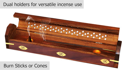 Sheesham Wood Incense Burner - Handmade Coffin Style Sun and Moon Inlay Incense Holder - Aromatherapy Room Freshener Cone Incense Stick Burner Ash Catcher - Zen Home Gift - 12x2x2 - COTTON CRAFT