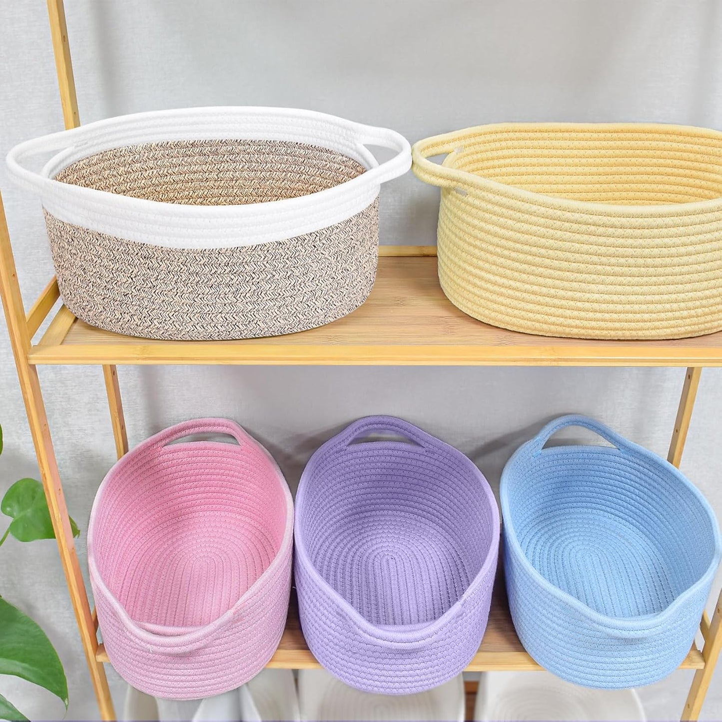 ABenkle Small Basket with Handles, Boho Decorative Rope Woven Dog Cat Toy Storage Bin Shelf Storage Organizer, Easter Christmas Gift Basket, 12"x8"x5", White