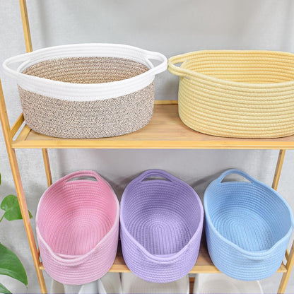 ABenkle Small Basket with Handles, Boho Decorative Rope Woven Dog Cat Toy Storage Bin Shelf Storage Organizer, Easter Christmas Gift Basket, 12"x8"x5", White