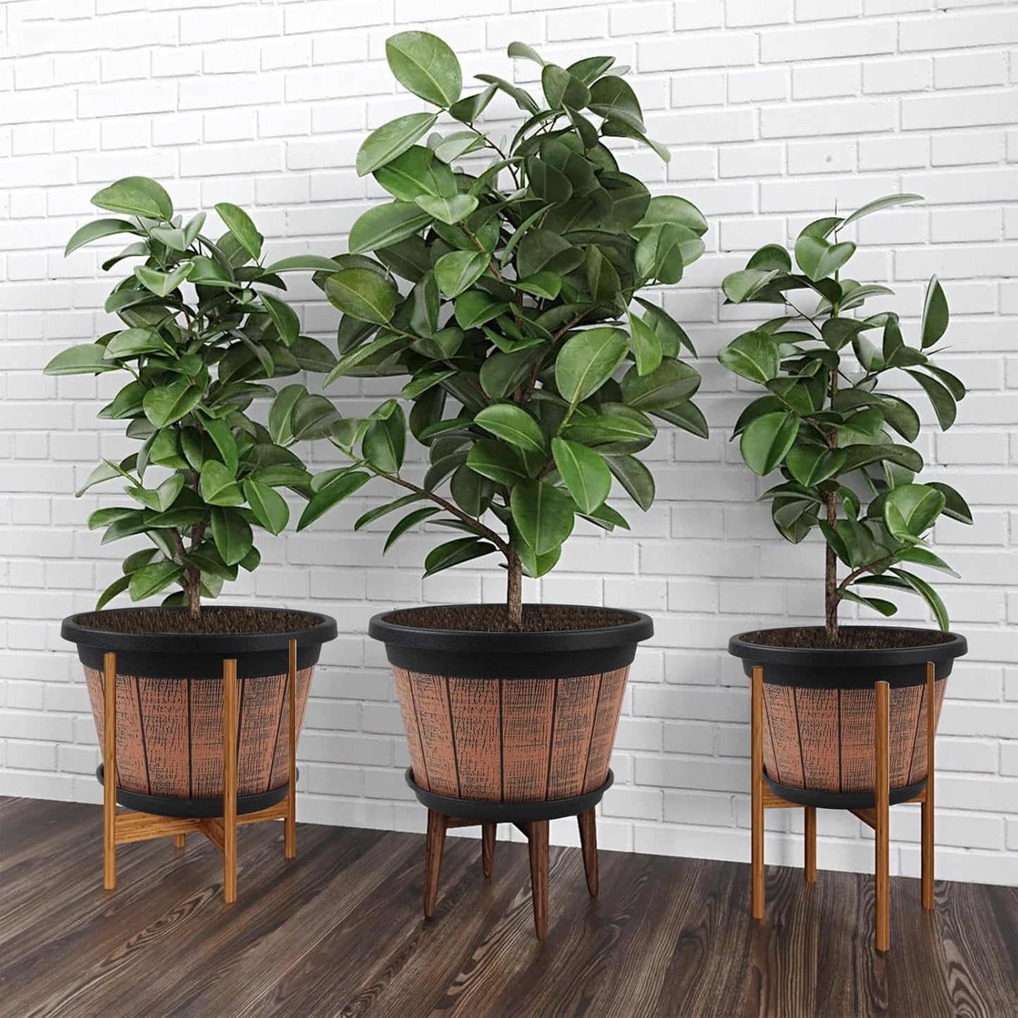 Quarut 4 Pack 10 inch Plant Pots,Upgrade Whiskey Barrel Planters with Drainage Holes & Saucer,Plastic Decoration Flower Pots Retro Design,Planters for Outdoor Indoor Garden Home Plants (Brown)