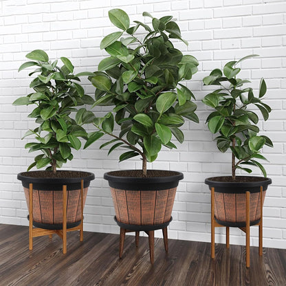Quarut 4 Pack 10 inch Plant Pots,Upgrade Whiskey Barrel Planters with Drainage Holes & Saucer,Plastic Decoration Flower Pots Retro Design,Planters for Outdoor Indoor Garden Home Plants (Brown)