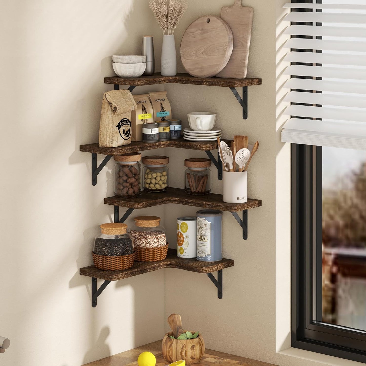 Venusmiles Corner Floating Shelves Set of 4, Wall Mounted L-Shaped Storage - Maximize Unused Corner Space in Bathroom, Kitchen, Bedroom, Office, Dark Carbonized
