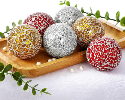 6 Pcs Decorative Balls for Bowls, 2.4 Inch Mosaic Sphere Balls Decorative, Mosaic Glass Orbs Centerpiece Balls Decoration for Vases Dining Table Home Living Room