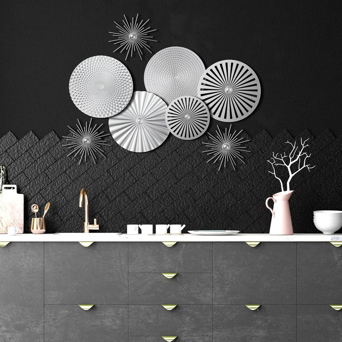 8 Pcs Gold Wall Decor Modern Metal Decor Metal Starbursts Radial Plate Art Hanging Decorative Wall Decorations for Home Bedroom Bathroom Living Room Office Sculpture(Gold)