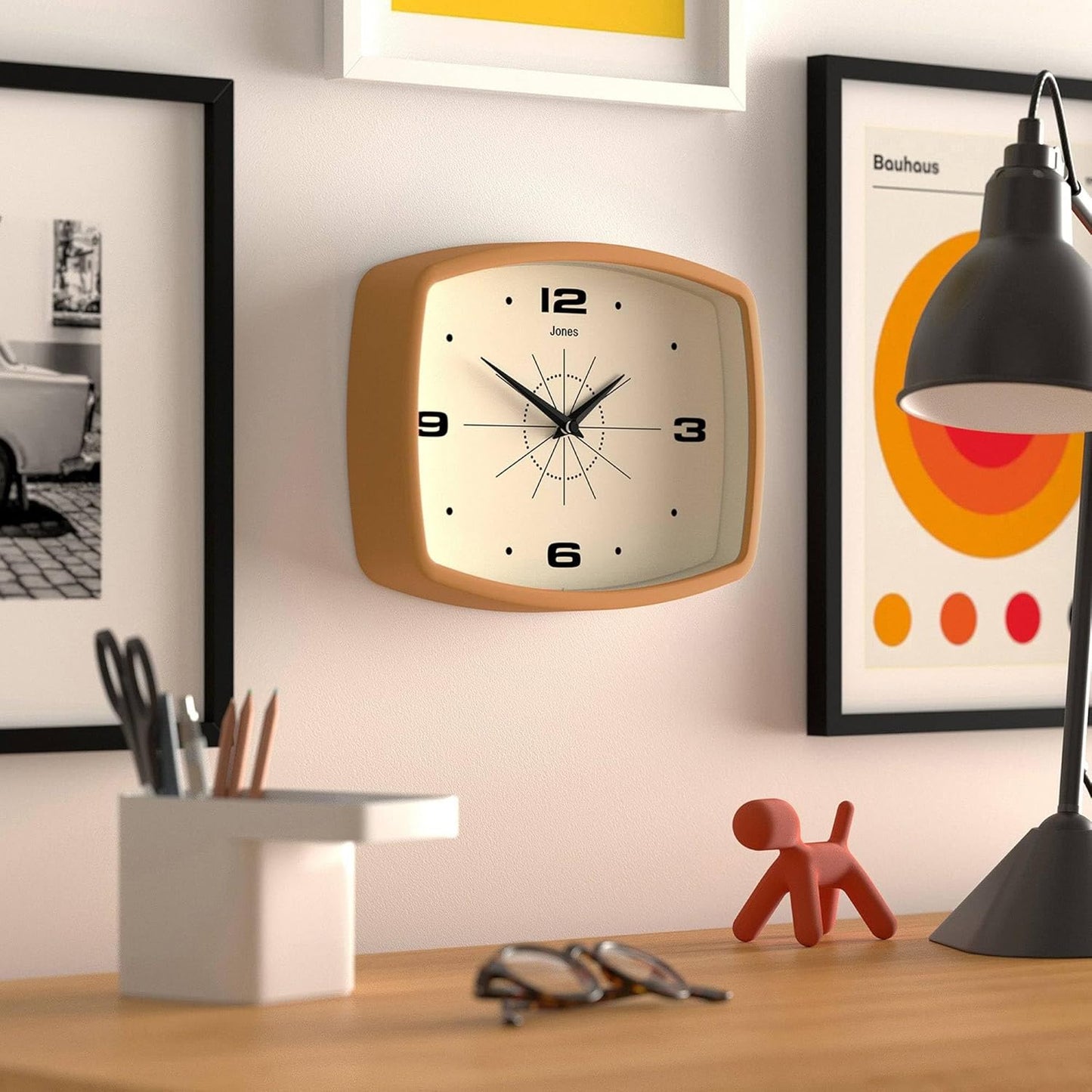 JONES CLOCKS® Movie wall Clock | Retro Rectangular Clock | 10 inch | Orange | Cool mid-Century Designer Look for Kitchen, Living Room or Office