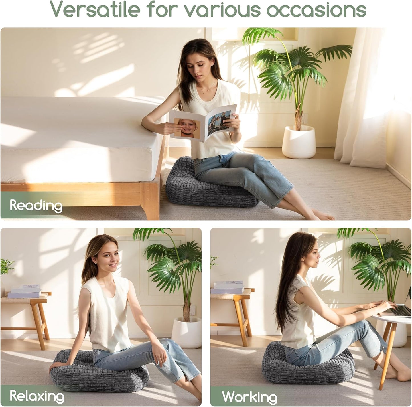 HIGOGOGO Floor Pillow Cushion for Adults, Meditation Cushion Pillow, Blended Corduroy Cover, Large Square Floor Sitting for Tatami Living Room or Yoga, 22x22 Inch, Beige