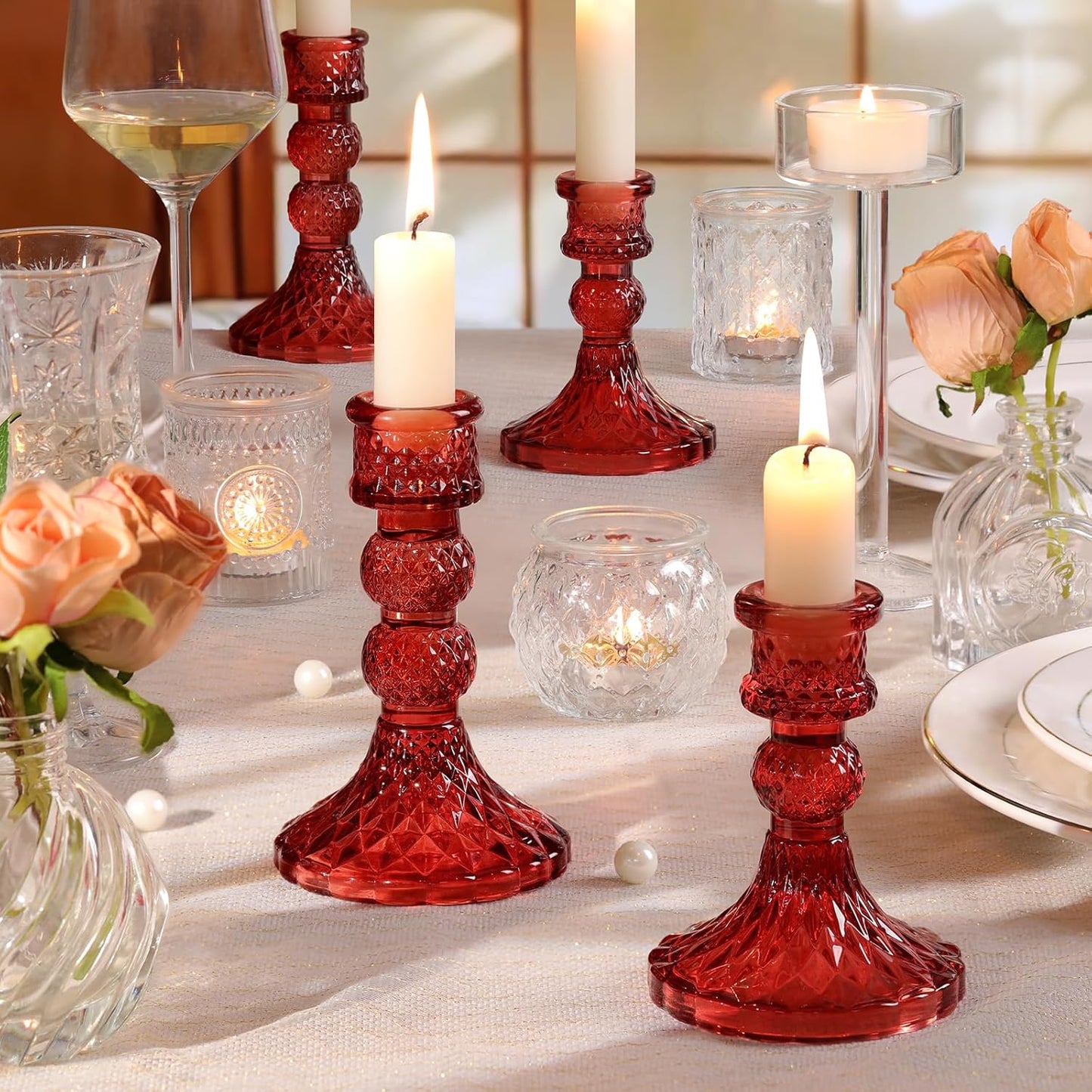 DARJEN 6Pcs Gold Candlestick Holders Set - 4" H & 5" H Striped Taper Candle Holders Bulk, Glass Candle Holders for Wedding, Festival, Party, Table Centerpiece, Gifts