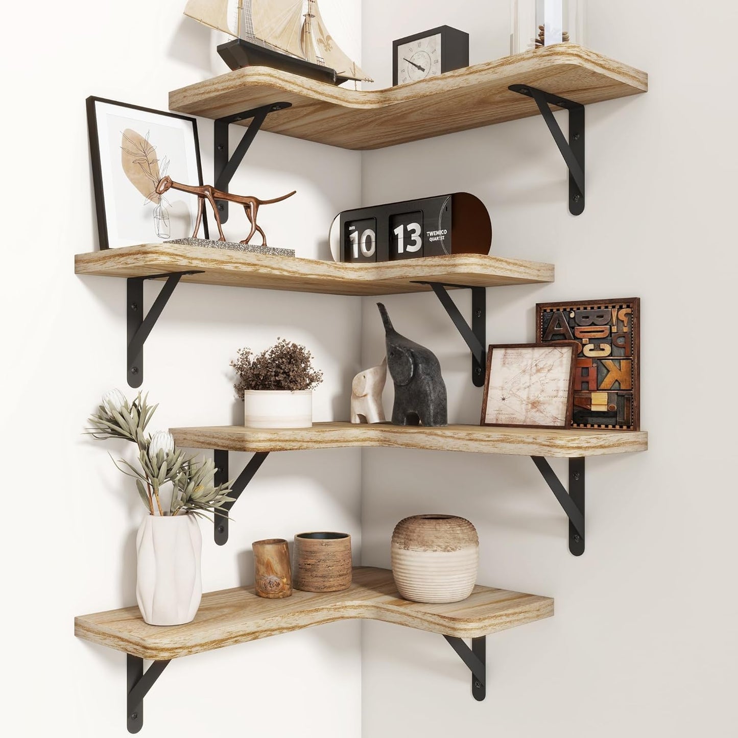 Venusmiles Corner Floating Shelves Set of 4, Wall Mounted L-Shaped Storage - Maximize Unused Corner Space in Bathroom, Kitchen, Bedroom, Office, Dark Carbonized