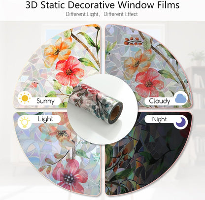 LEMON CLOUD Window Film, Decorative Window Privacy Film, 3D Stained Glass Window Sticker,Anti-UV Sun Blocker Heat Control for Home(Rainbow Tulip Design,17.5 x 78.7 inches)