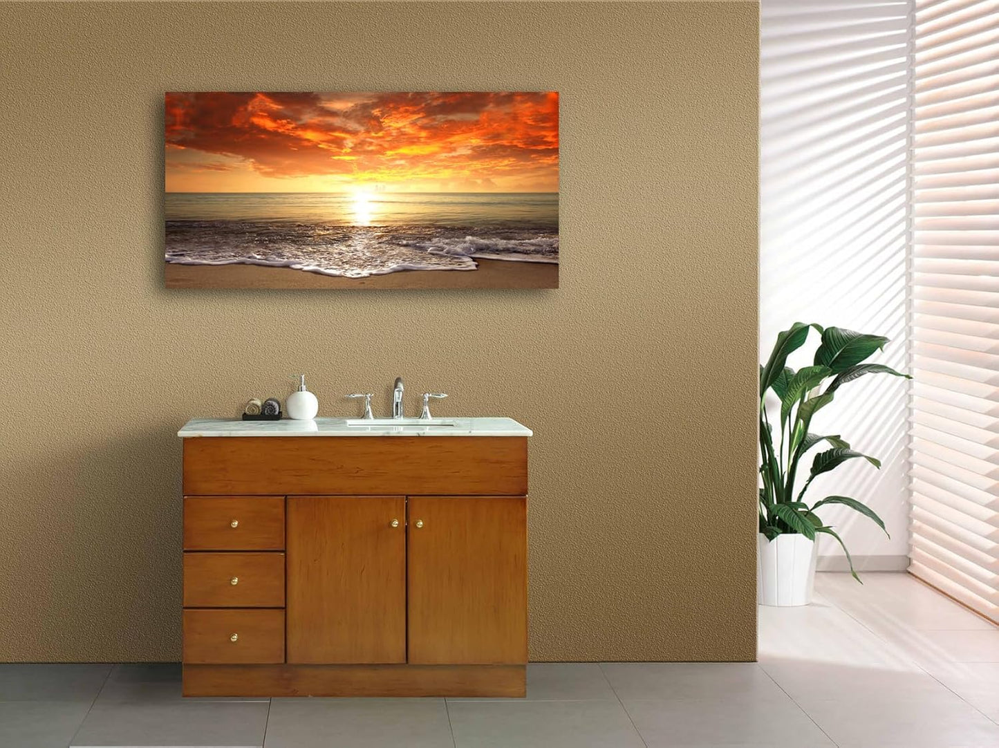 Baisuart S02250 Canvas Prints Wall Art Beach Sunset Ocean Waves Nature Pictures Stretched Canvas Wooden Framed for living Room Bedroom and Office