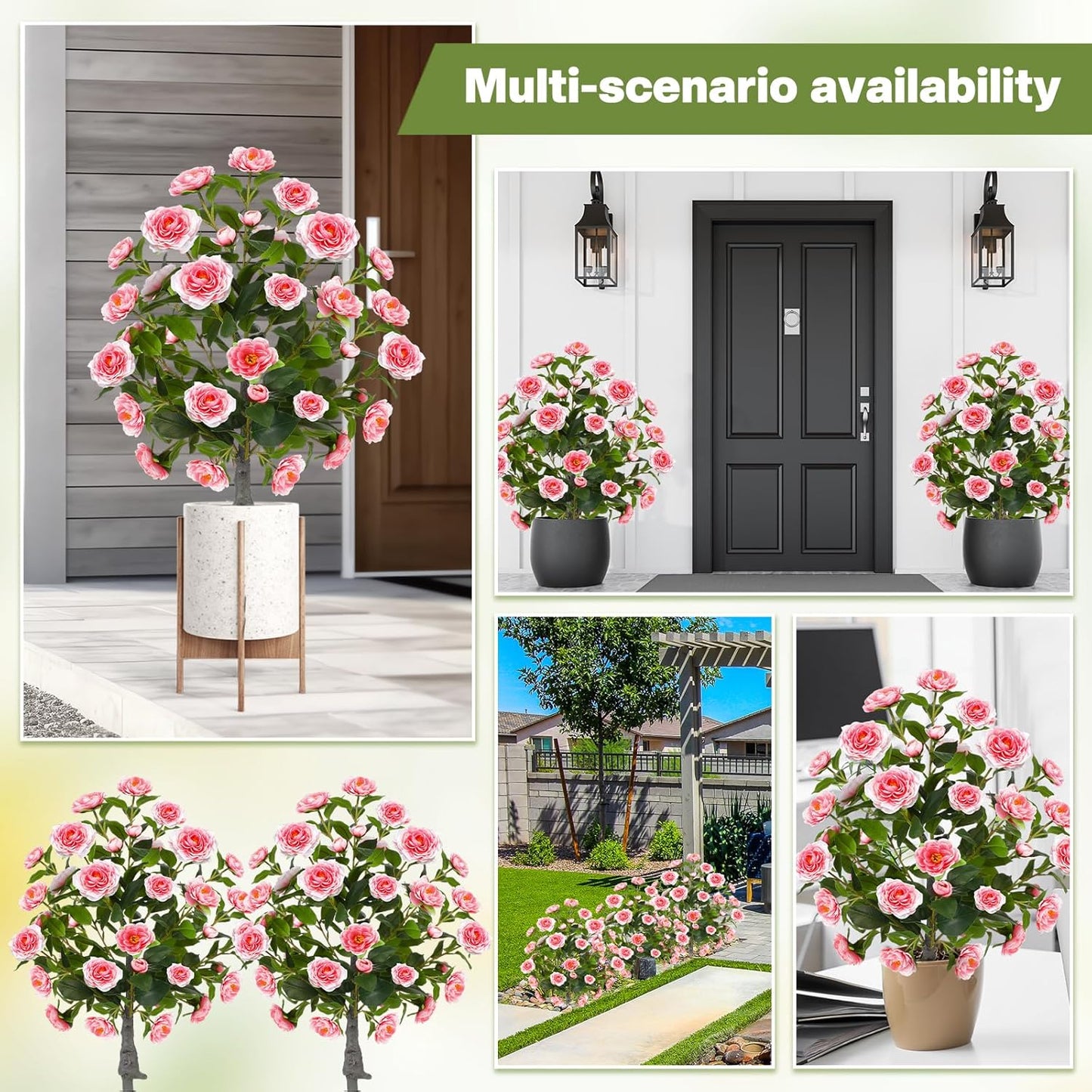 Lunmon 2 Pack 3ft Artificial Camellia Plants Tree 36" Faux Camellia Flower with Spike UV Resistant Realistic Fake Floral Blooming Bush for Indoor Outdoor Front Door Porch Backyard Garden, Purple