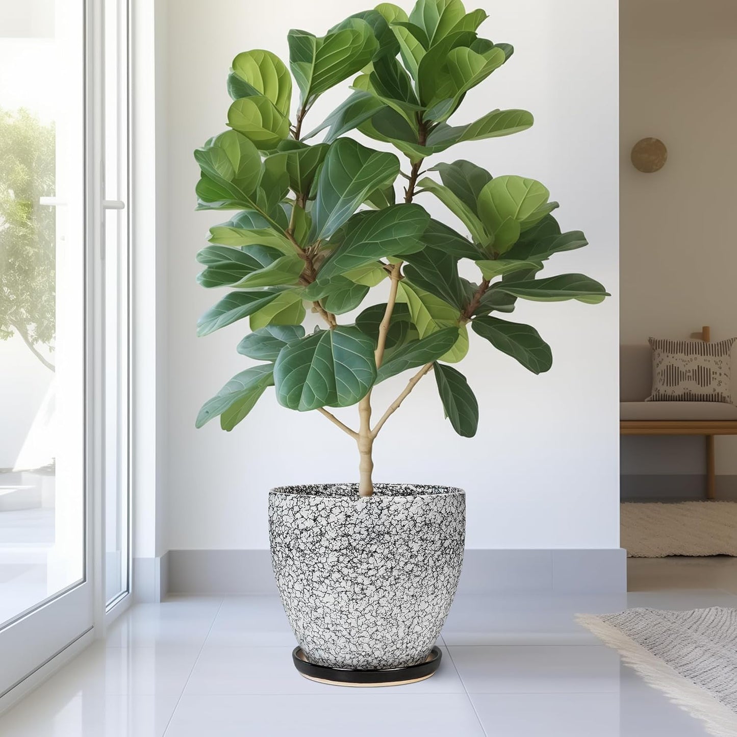 10 Inch Ceramic Planter Pot Round Plant Pot for Indoor Plants Outdoor Large Flower Pot with Drainage Hole and Saucer Blue