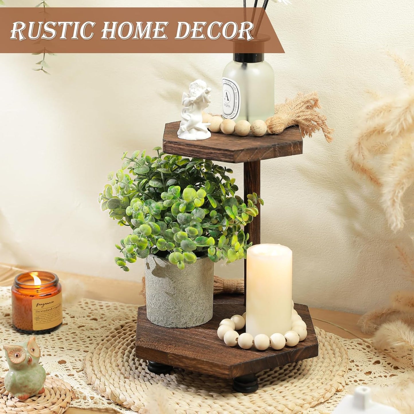 Tikea Farmhouse Wood Display Riser, 10 in. Farmhouse Pedestal Stand for Kitchen Bathroom Counter Decor, Round Display Tray for Soap Dispenser and Plant (Brown)