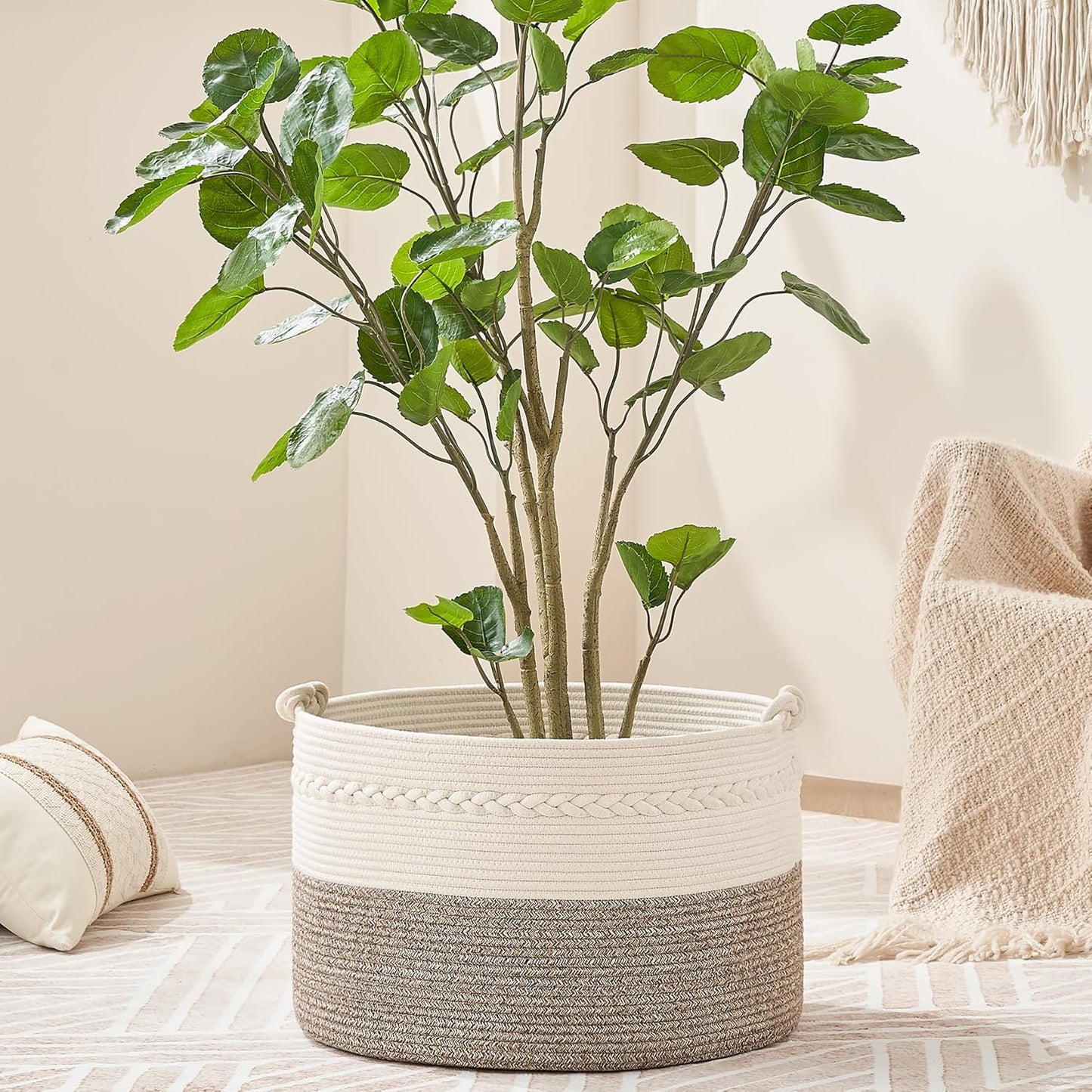 KAKAMAY Large Blanket Basket (20"x13"),Woven Baskets for storage Baby Laundry Hamper, Cotton Rope Blanket Basket for Living Room, Laundry, Nursery, Pillows, Baby Toy chest (White/Brown)