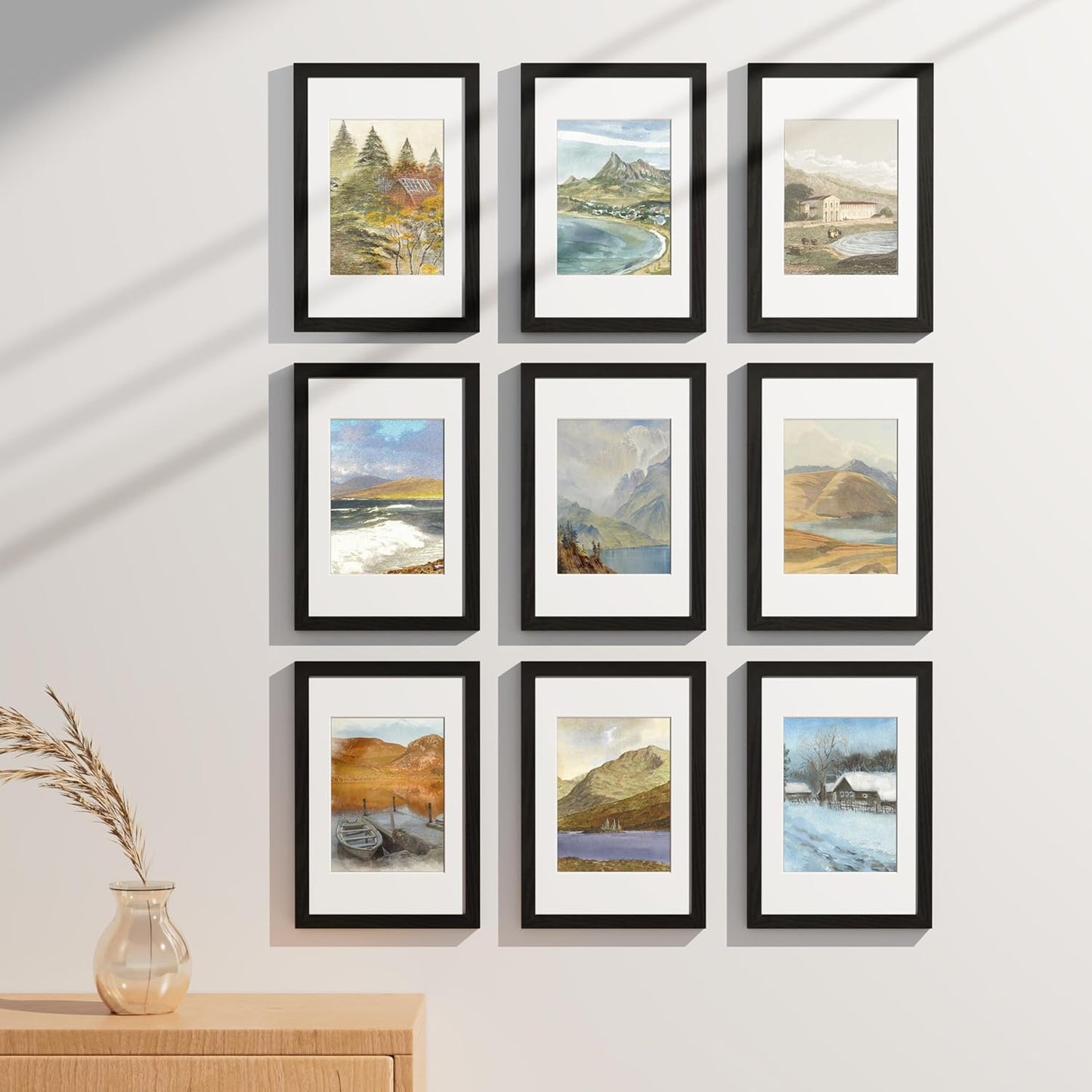 Vittanly 8x10 Picture Frames Set of 9, Shatter Resistant Plexiglass, Display 5x7 Pictures with Mat or 8x10 without Mat, Photo Frames for Wall or Tabletop, Engineered Wood, Black - Colors A