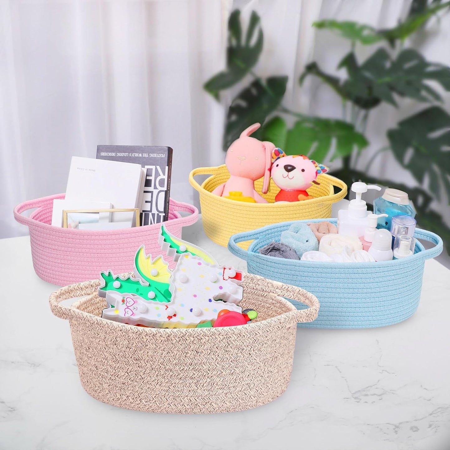 ABenkle Small Basket with Handles, Boho Decorative Rope Woven Dog Cat Toy Storage Bin Shelf Storage Organizer, Easter Christmas Gift Basket, 12"x8"x5", White