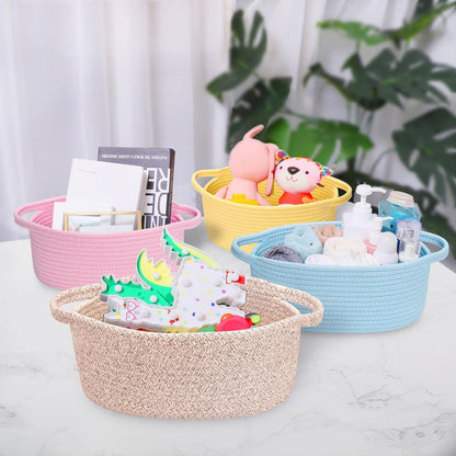ABenkle Small Basket with Handles, Boho Decorative Rope Woven Dog Cat Toy Storage Bin Shelf Storage Organizer, Easter Christmas Gift Basket, 12"x8"x5", White
