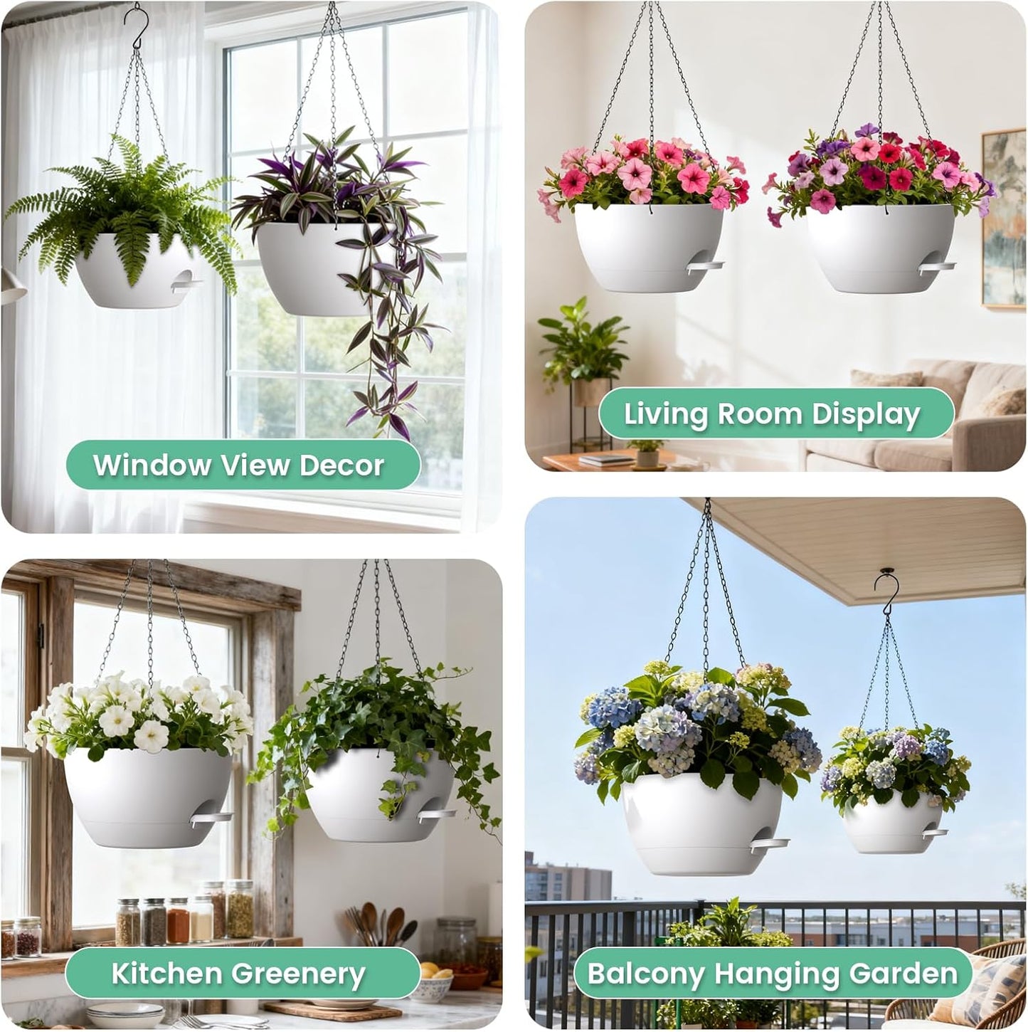 UOUZ 13 Inch 2 Pack Large Self Watering Hanging Planters for Indoor Outdoor Plants, Hanging Plant Pots with Removable 50 Oz Reservoir, Plastic Hanging Basket for Window Porch Garden Balcony, Black