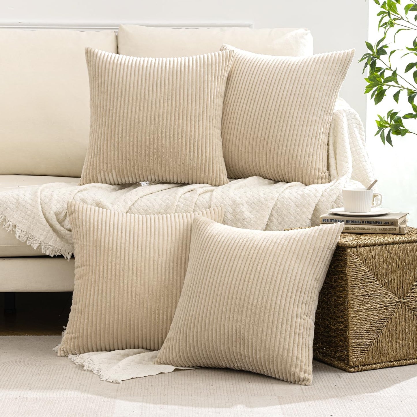 MIULEE Boho Farmhouse Sage Green Throw Pillow Covers 18x18 Inch Set of 4 Mordern Nordic Cushion Covers Soft Corduroy Spring Home Decor for Couch Bed Sofa Living Room Forest Green