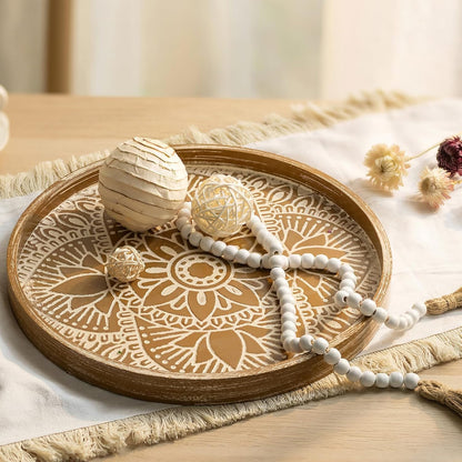 Hanobe Decorative Serving Tray Round: Farmhouse Coffee Table Decor Boho White Mandala Trays for Living Room Kitchen Bathroom Display