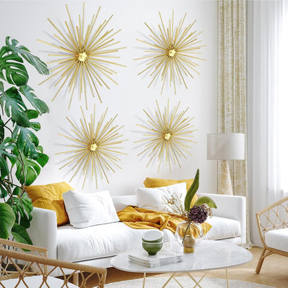 Shimeyao 4 Pcs Metal Starburst Wall Decor Black Metal Wall Art 3D Spike Bling Finish Star Burst Hangings Accents Sculptures Set Modern Mid Century Decorations for Living Room Bedroom Entryway
