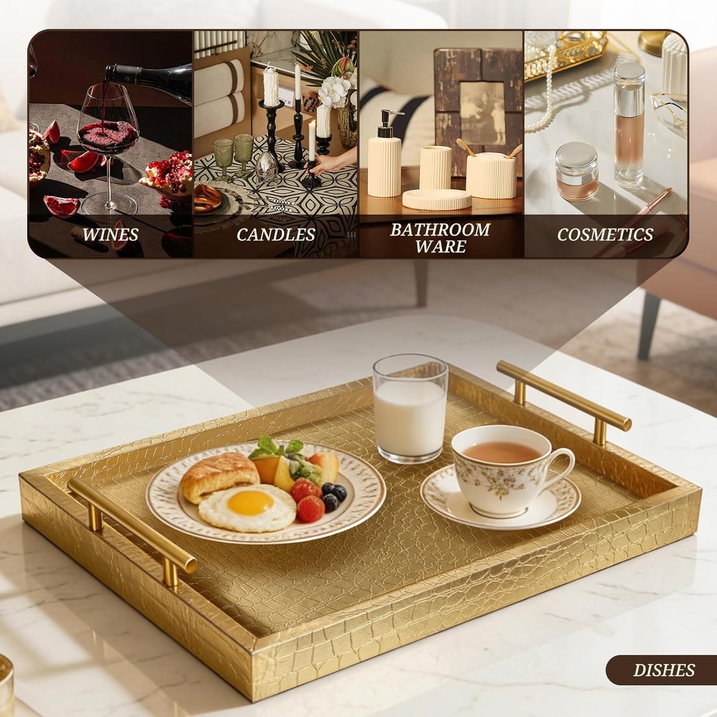 SXNOWS 17"x12" Cream Faux Leather Serving Tray with Gold Handles, Rectangle Decorative Tray for Ottoman, Coffee Table, Kitchen, Bar, Gift for Home Decor