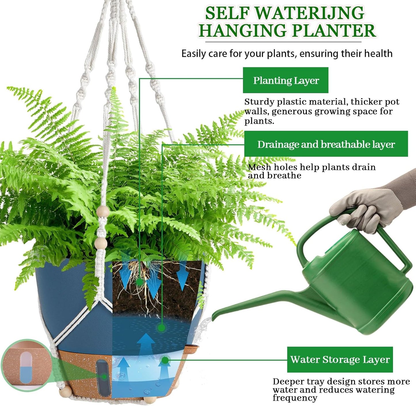 10 Inch Hanging Planters for Indoor Plants, 2 Pack Self Watering Hanging Baskets Flower Pots with Drainage Hole, Visual Reservoir & 2 Kinds of Plant Hanger for Outdoor Garden Home Decor (White)