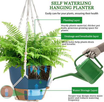 10 Inch Hanging Planters for Indoor Plants, 2 Pack Self Watering Hanging Baskets Flower Pots with Drainage Hole, Visual Reservoir & 2 Kinds of Plant Hanger for Outdoor Garden Home Decor (White)