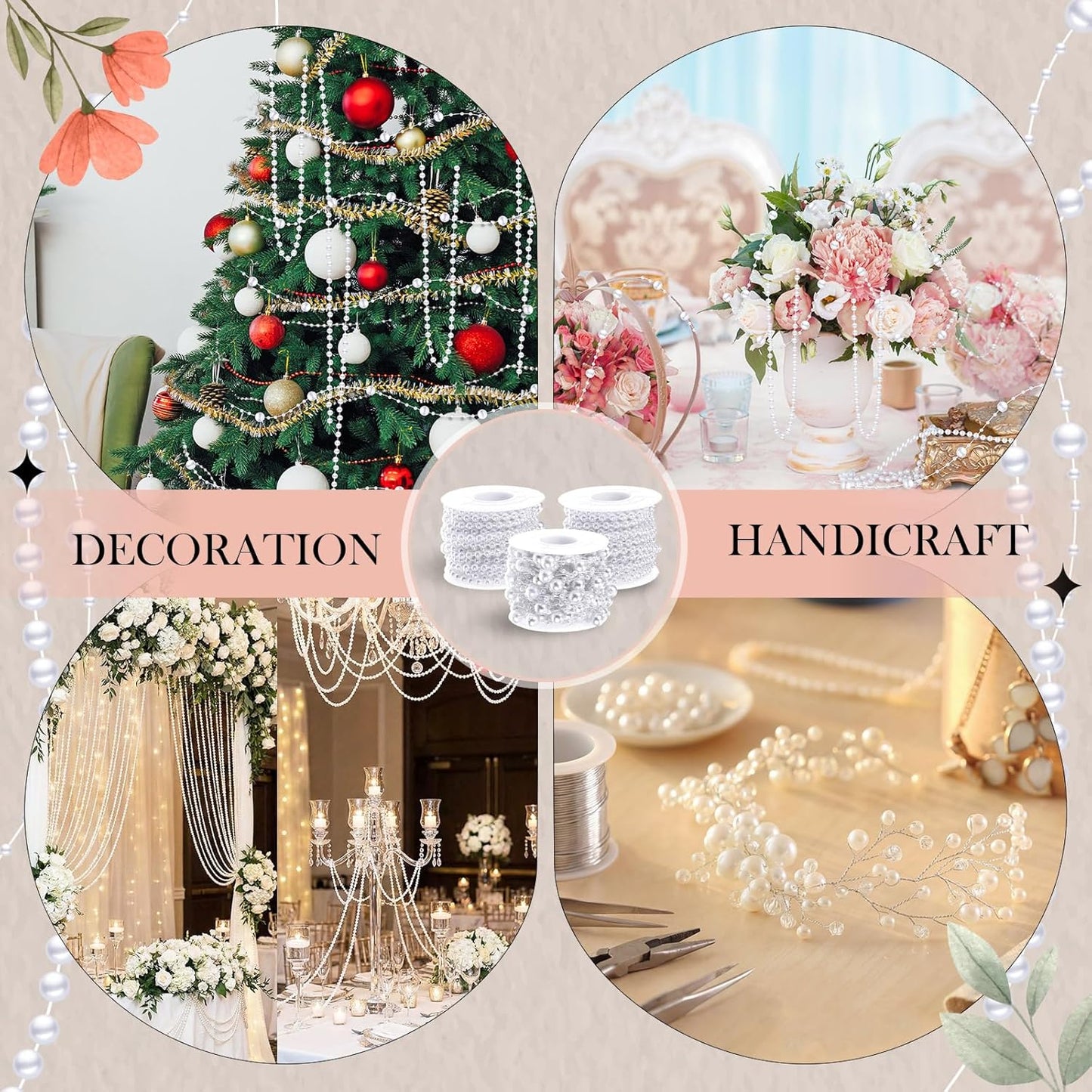 Bonuci 3 Rolls 66 Feet Pearls String Garland Faux Pearl Garland Spool Roll Strand Decoration Artificial Beads Chain Trim for Wedding Party Crafting Wedding Mother's Day Flower Decor(Ivory,4mm)