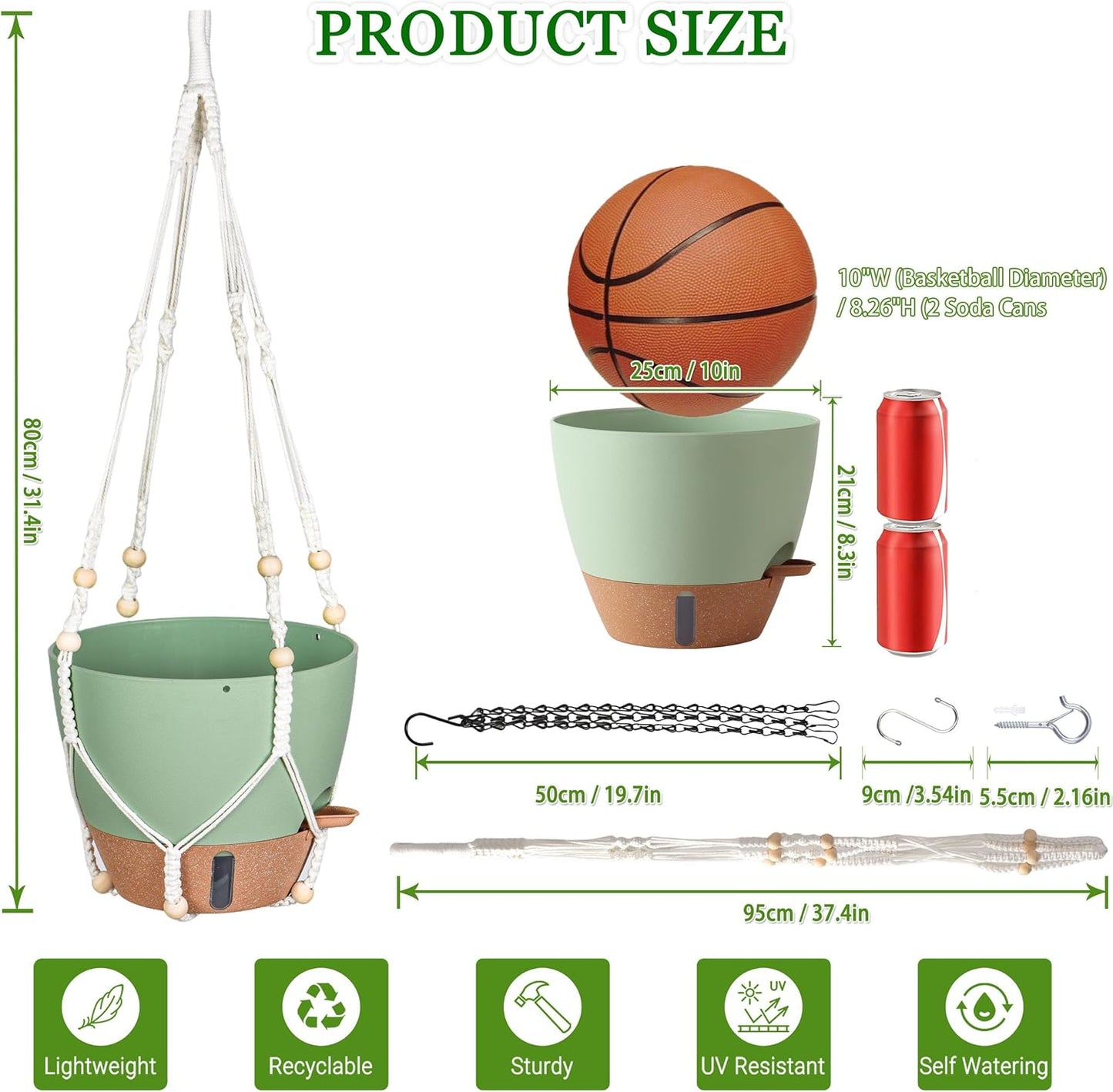 10 Inch Hanging Planters for Indoor Plants, 2 Pack Self Watering Hanging Baskets Flower Pots with Drainage Hole, Visual Reservoir & 2 Kinds of Plant Hanger for Outdoor Garden Home Decor (White)