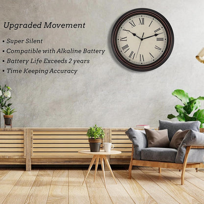 Foxtop Retro Silent Non-Ticking Round Classic Clock Quartz Decorative Battery Operated Wall Clock for Living Room Kitchen Home Office 12 Inch (Bronze)