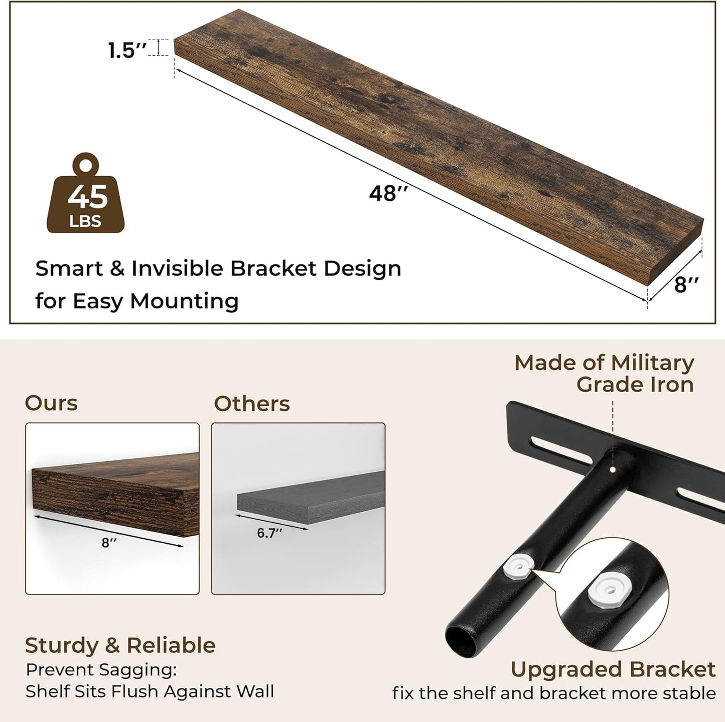 RICHFOCUS 72Inch Floating Shelves for Wall 2 Pack Shelves for Bedroom|Kitchen|Bathroom Wall Mounted Rustic Wood Floating Shelf with Invisible Brackets for Books|Storage|Decor, Rustic Brown