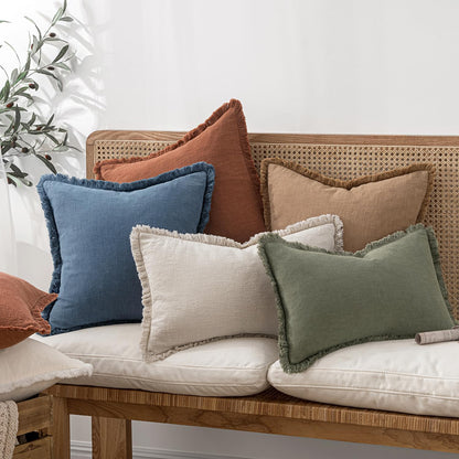 MIULEE Decorative Throw Pillow Covers Neutral Linen Fringe Throw Pillows Set of 2 Natural Beige Boho Farmhouse Cushion Covers with Tassels for Couch Sofa Bed Spring Home Decor 20x20 Inch