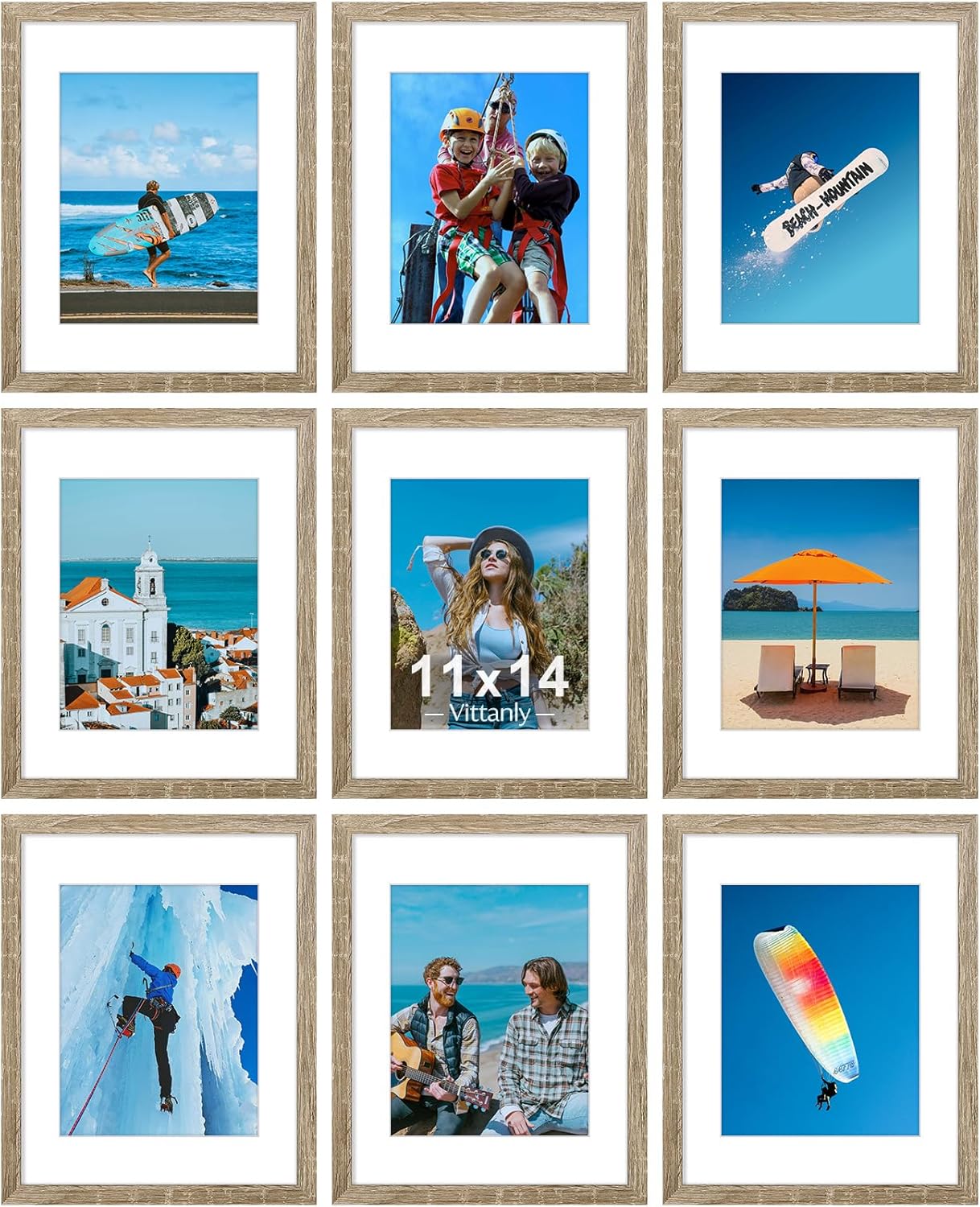 Vittanly 8x10 Picture Frames Set of 9, Shatter Resistant Plexiglass, Display 5x7 Pictures with Mat or 8x10 without Mat, Photo Frames for Wall or Tabletop, Engineered Wood, Black - Colors B