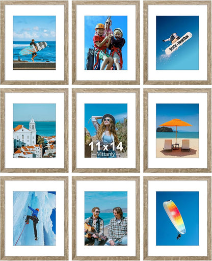Vittanly 8x10 Picture Frames Set of 9, Shatter Resistant Plexiglass, Display 5x7 Pictures with Mat or 8x10 without Mat, Photo Frames for Wall or Tabletop, Engineered Wood, Black - Colors B