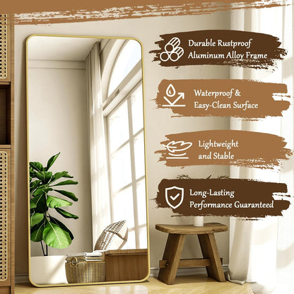 XRAMFY 56"x21" Floor Full Length Mirror Standing Full Body Rounded Corner Rectangle Mirrors with Stand Hanging Wall Mounted Leaning Bedroom Living Room Bedroom Cloakroom,Gold