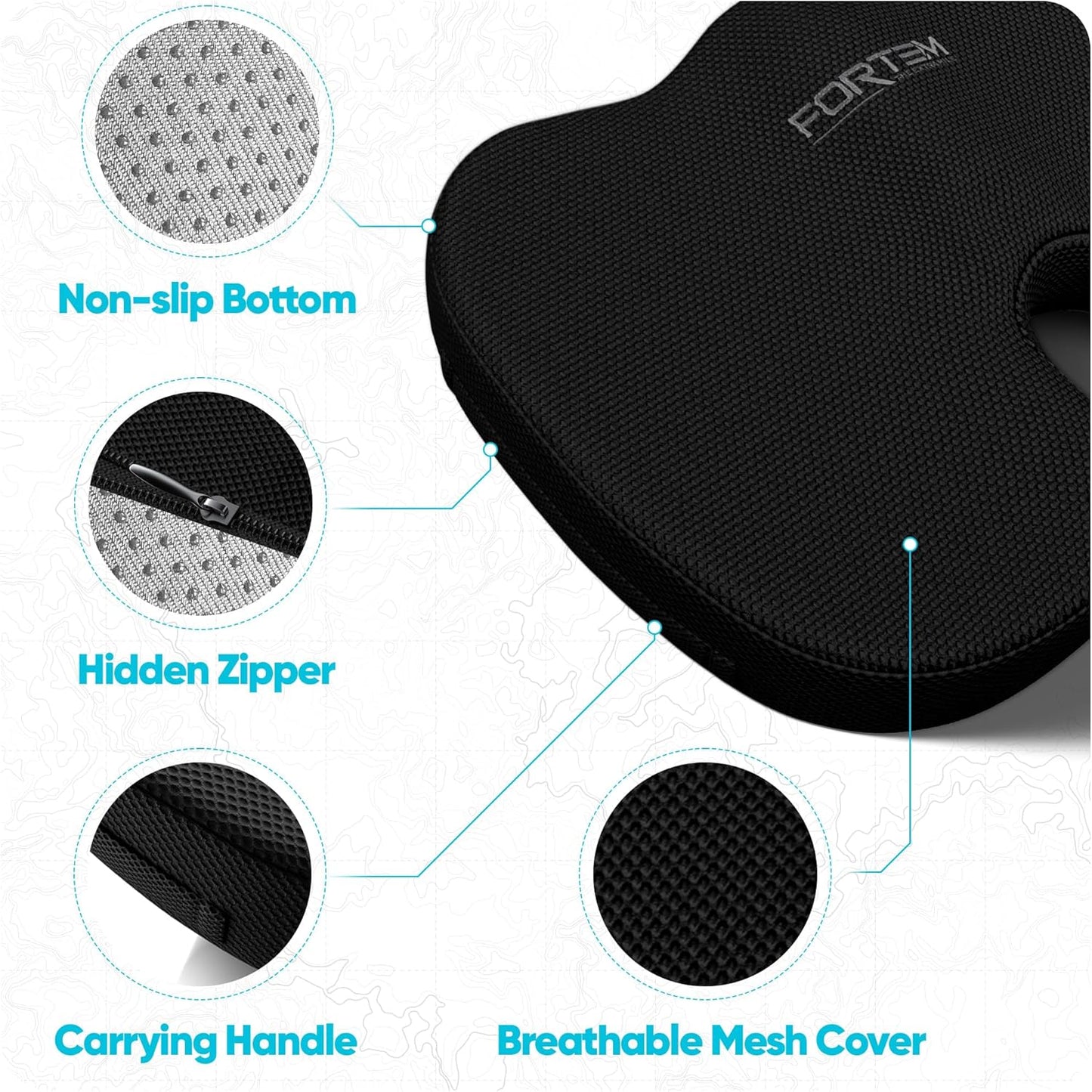 FORTEM Seat Cushion, Office Chair Cushion, Memory Foam Car Seat Cushions, Sciatica Coccyx Tailbone Pain Relief, Chair Cushions for Back Support, Sitting Pad for Gaming, Washable Cover, Non Slip