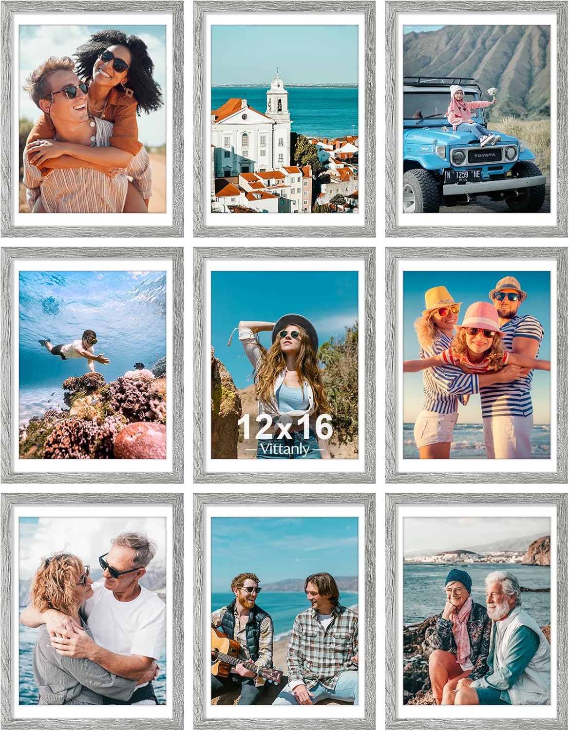 Vittanly 8x10 Picture Frames Set of 9, Shatter Resistant Plexiglass, Display 5x7 Pictures with Mat or 8x10 without Mat, Photo Frames for Wall or Tabletop, Engineered Wood, Black - Colors A
