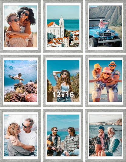 Vittanly 8x10 Picture Frames Set of 9, Shatter Resistant Plexiglass, Display 5x7 Pictures with Mat or 8x10 without Mat, Photo Frames for Wall or Tabletop, Engineered Wood, Black - Colors A