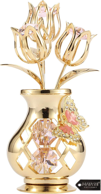 Matashi 24K Gold Plated Crystal Flower Figurine with Clear Crystals & Butterfly – Luxury Decorative Tulip Statue, Elegant Tabletop Home Décor, for Mother's Day, Valentine's Day, Christmas