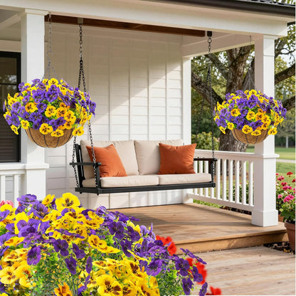 lovemoon 2 Sets Artificial Hanging Pansy Flowers with Baskets, 24 Pcs UV Resistant Faux Silk Pansy Outdoor Hanging Flower for Porch Patio Garden Home Spring Decor (2, White,Yellow,Purple)