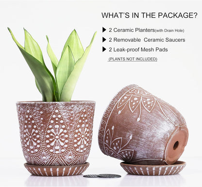 Gepege 6 Inch Beaded Ceramic Planter Set of 2 with Drainage Hole and Saucer for Plants, Indoor-Outdoor Large Round Succulent Orchid Flower Pot (Smoked Gray, Inner-pots not Larger Than 5 Inch)