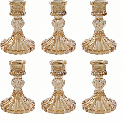 Glass Candlestick Holder,Striped Taper Candle Holders,Set of 6 Candle Stand for Table Centerpieces, Home Decor,Weddings,Festival and Parties (Clear Stripe Pattern)