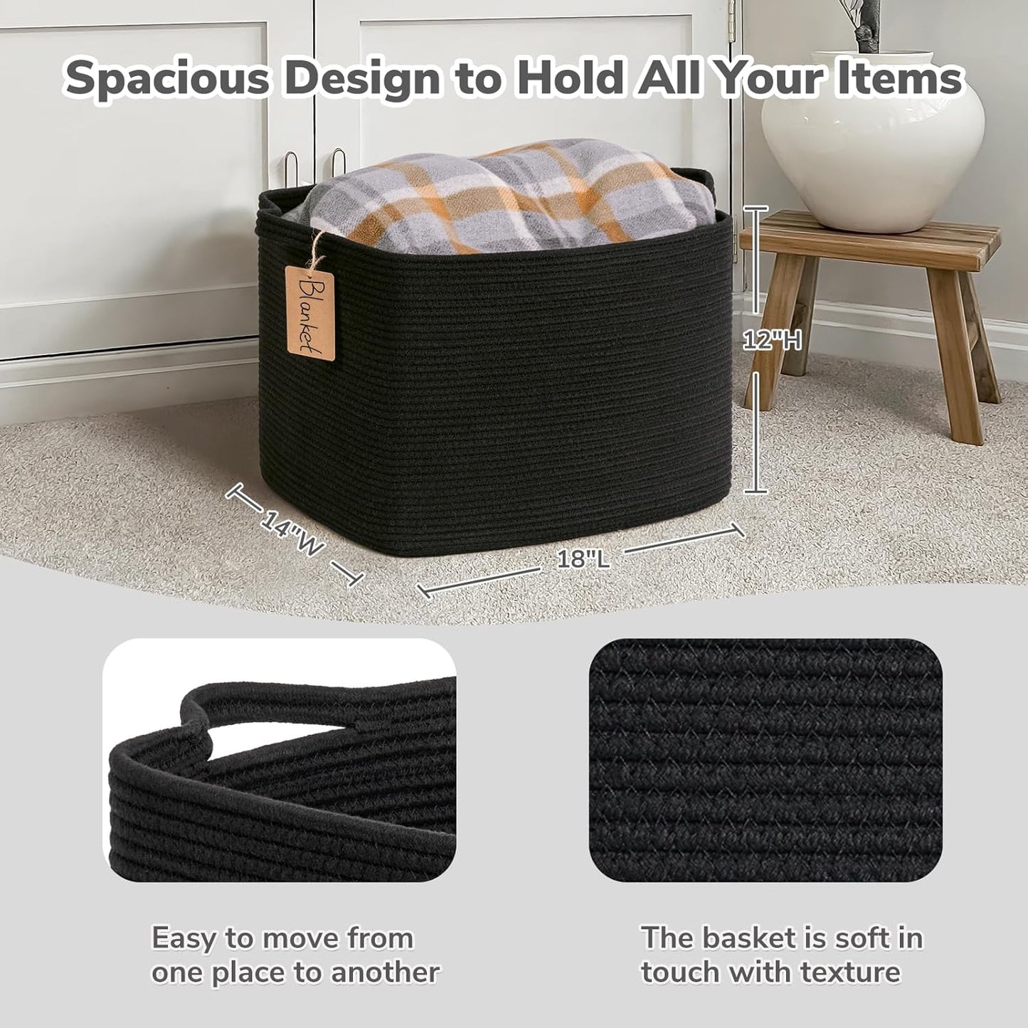 Goodpick Woven Storage Basket, Cotton Rope Basket for Dog Toys, Books, Stylish Gift Basket with Handles, 13 x 10 x 9 Inches Square Baskets for Organizing, Brown and White