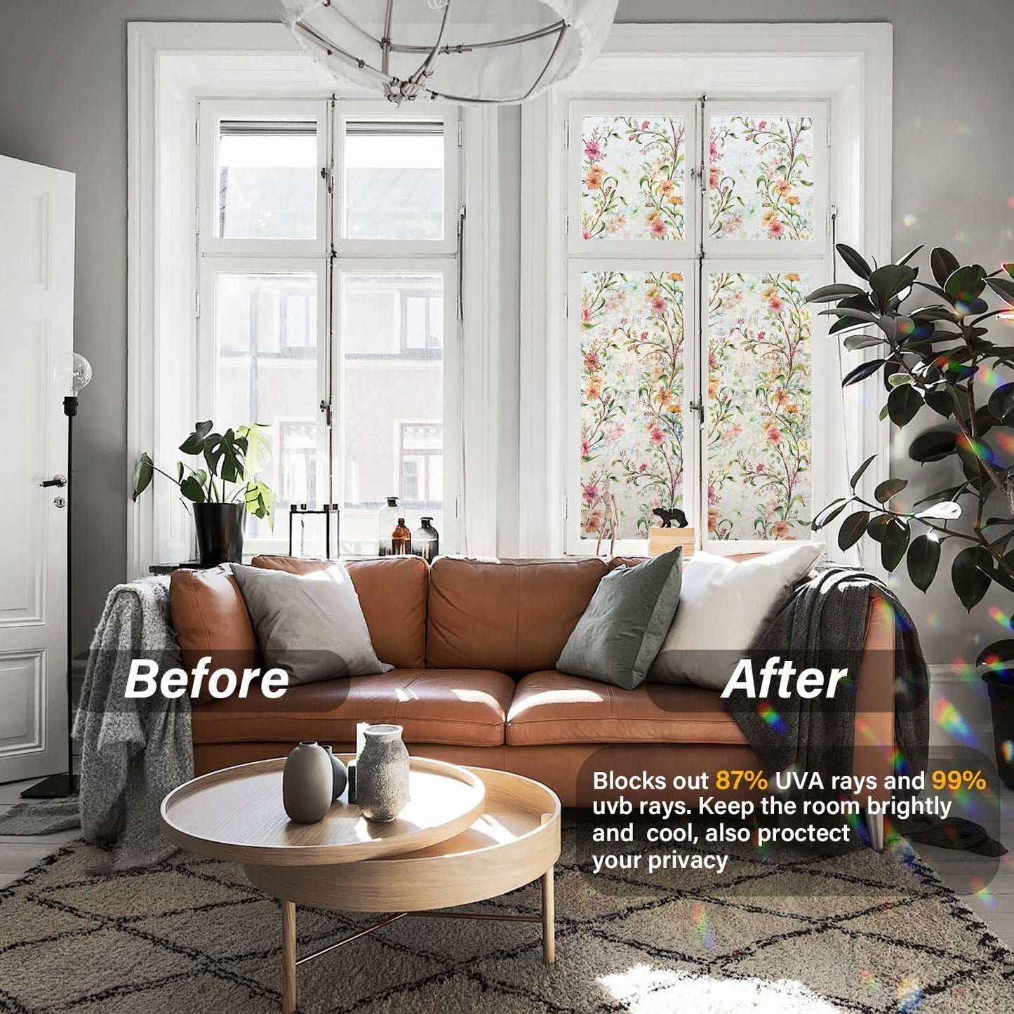 Ranzdn Window Privacy Film - Stained Glass Window Film Static Cling UV & Heat Blocking Rainbow Window Film for Glass Doors, Bedroom Windows - No Glue Premium Vinyl (Easy Install, 17.5"×78.7")