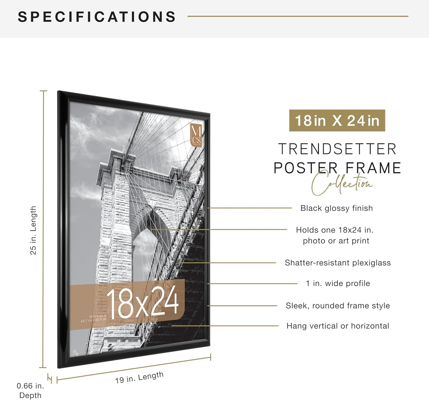 MCS Trendsetter 24x36 Poster Frame Black High-Gloss, Vertical & Horizontal Wall Hanging Large Picture Frame for Photos, Posters & Art Prints (1-Pack)