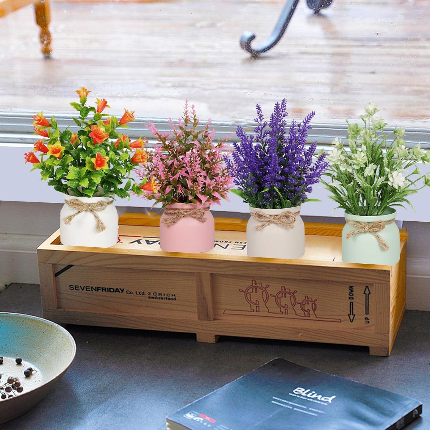Yoratee 6pcs Artificial Pot Flowers Small Fake Plants Mini Potted Plants for Home Office Tabletop Decoration