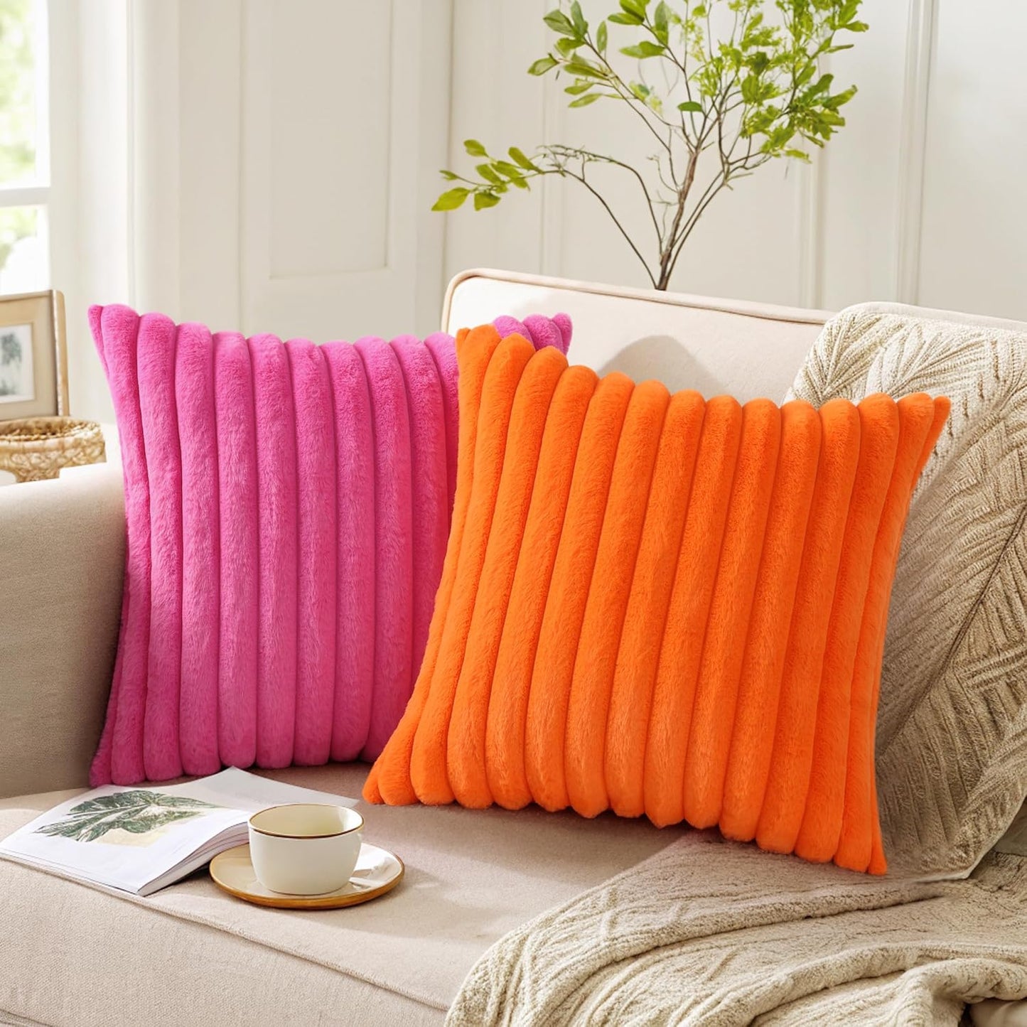 Pallene Faux Fur Plush Throw Pillow Covers 18x18 Set of 2, Luxury Soft Fluffy Striped Decorative Pillow Covers for Sofa, Couch, Living Room, Cream White