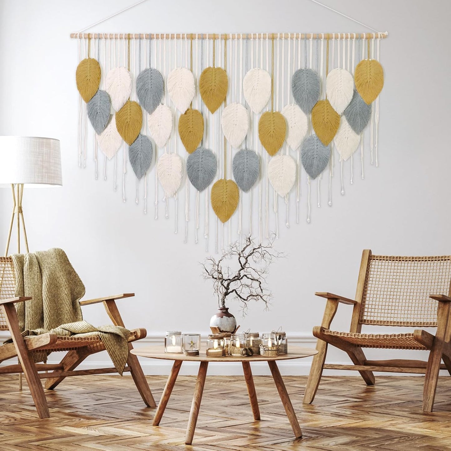 LOMOHOO Macrame Wall Hanging Boho Beige Leaves Tapestry Bohemian Handmade Woven Wall Art Decoration for Bedroom Living Room Apartment Dorm Gallery Perfect Handmade Gift Ideas